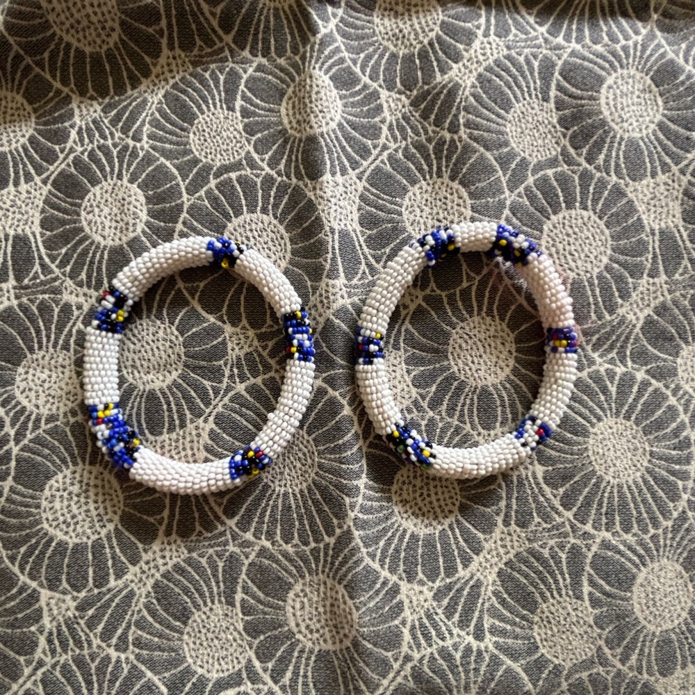 Blue and White Beaded Bangle Bracelets (2) Nautical Boho Tribal